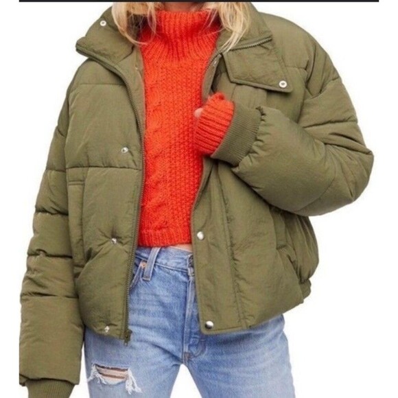 Free People Cropped Puffer Jacket Womens Cold Rush Puff Full Zip Snap Sz XL - Picture 2 of 11